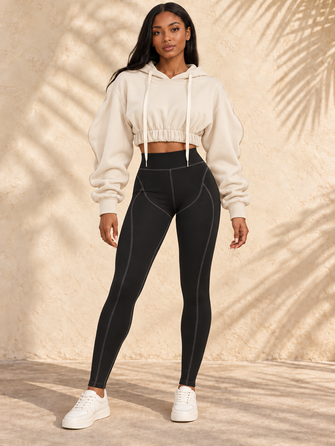 Teddy cropped hoodie and Impression leggings set — nude hoodie with black leggings